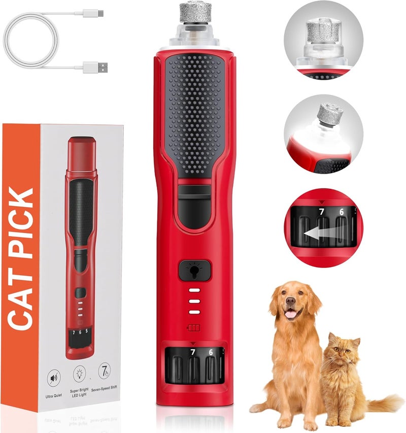 CATPICK 7-Speed Dog & Cat Nail Grinder with Light - Ring LED Safe to Avoid Overcut, Quiet Low Vibration & Powerful Fast, Cordless Rechargeable Toenail Trimmer for Small & Large Puppy & Breeds Paws(Red) - Image 1